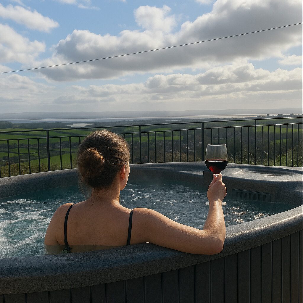 Woman in hot tub with glass of wine